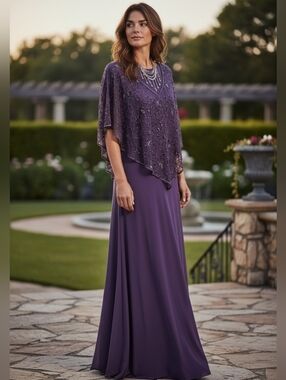 J Kara Purple Beaded Cape Gown